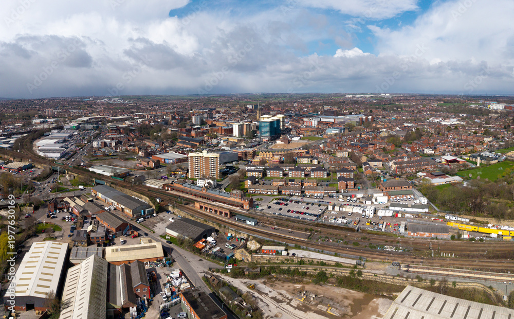 Fototapeta premium Aerial view above Wakefield cityscape skyline with Kirkgate train station