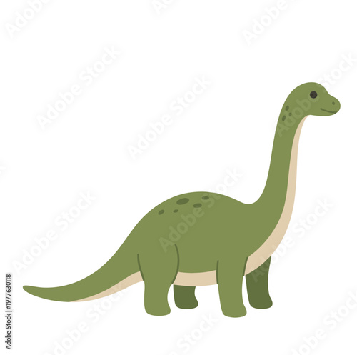 Cute cartoon green brontosaurus dinosaur standing against a plain white background