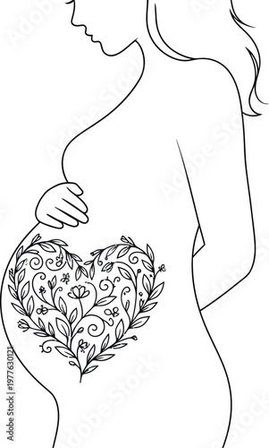 Pregnant woman touching her belly which features an elegant floral heart design illustrated with simple thin lines to symbolize love for her growing unborn baby