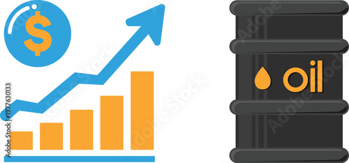 Rising Fuel Cost and Petroleum Market Finance Illustration, Oil Price Growth Chart with Barrel Vector Icon