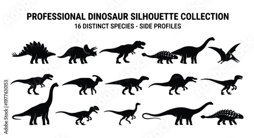 Professional dinosaur silhouette collection, 15 distinct species side profiles, black prehistoric animal vector set for educational infographics