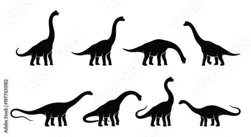 Brachiosaurus dinosaur silhouettes collection, set of 8 long neck sauropod vector icons, black prehistoric animal shapes on white background