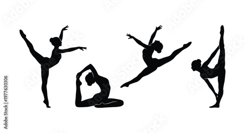 Graceful ballet dancer silhouettes, set of 4 rhythmic gymnastics vector elements, black female dancer figures in elegant poses on white background