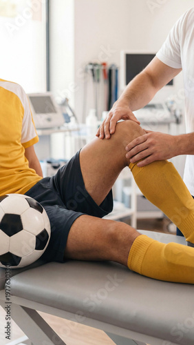 A male soccer player in a yellow jersey lying on a couch while a physiotherapist examines his injured knee in a sports clinic. Professional athlete rehabilitation concept
