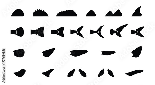 Fish fin and tail silhouette collection, 24 black marine animal body parts, shark and dolphin dorsal fin icons, aquatic wildlife vector set