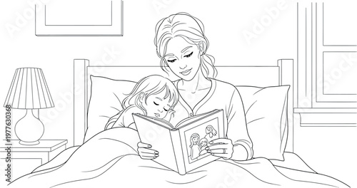 Caring mother sits in bed reading an illustrated storybook to her sleepy little daughter who is resting under warm blankets during a calm quiet evening