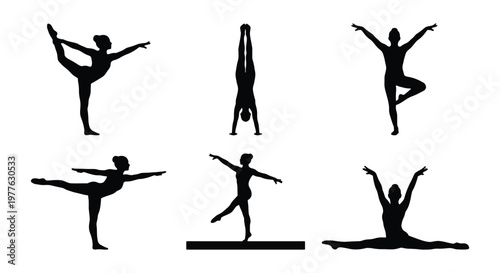 Gymnastics silhouette set with 6 female athlete icons, artistic gymnastics poses and yoga stretching positions, black vector figures on white background