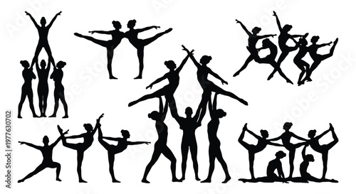 Acrobatic gymnastics silhouettes set, cheerleading stunt team vector icons, athletic group performance and yoga balance poses on white background
