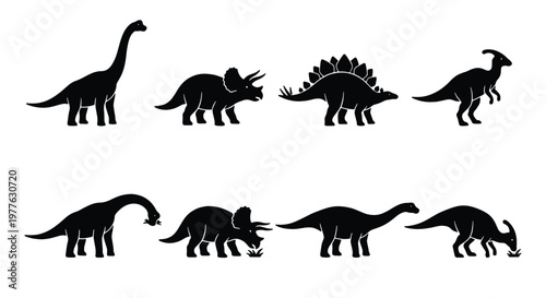 Dinosaur silhouette collection with 8 vector elements, prehistoric animal icons including triceratops and stegosaurus, black dinosaur shapes for logos