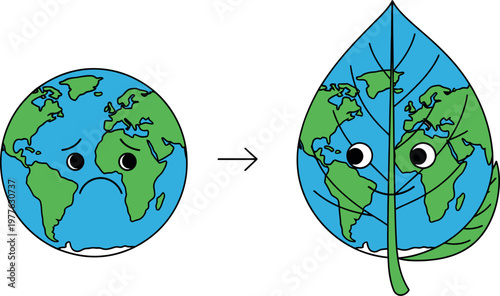 Sad earth globe transforming into a happy ecological leaf symbol illustrating the positive concept of environmental healing and global sustainability through nature friendly green living choices