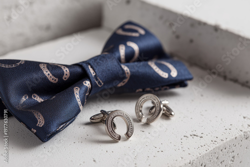 Silk Bowtie with Horseshoe Pattern and Luxury Silver Cufflinks for Formal Horse Racing Event and Kentucky Derby Style