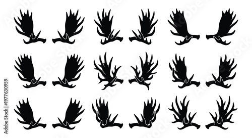 Moose antler silhouette collection, 9 pairs of black elk horn vectors, rustic hunting trophy icons, wild animal head decor elements