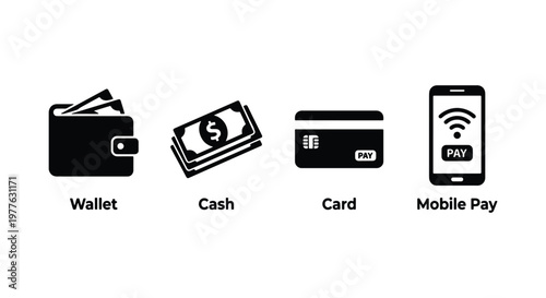 Payment method icons set, black silhouette wallet and cash symbols, credit card and mobile pay vector illustrations for checkout and banking