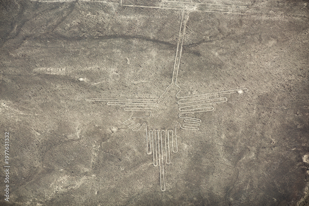 Fototapeta premium Aerial view of ancient Nazca Hummingbird geoglyph in Peru with copy space