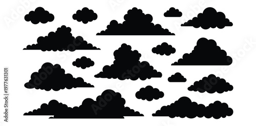 Black cloud silhouette set featuring various fluffy weather icons isolated on a white background for graphic design work