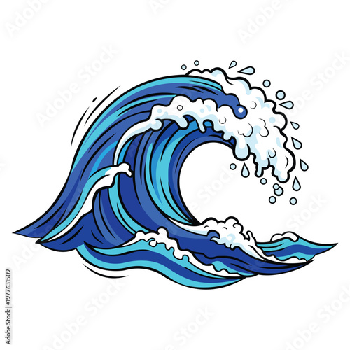 Blue ocean wave illustration with curling sea water foam and crashing surf splash in a stylized comic art graphic design