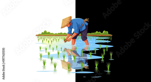 Man working in a flooded rice field.