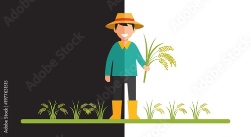 A cartoon farmer standing in a field.