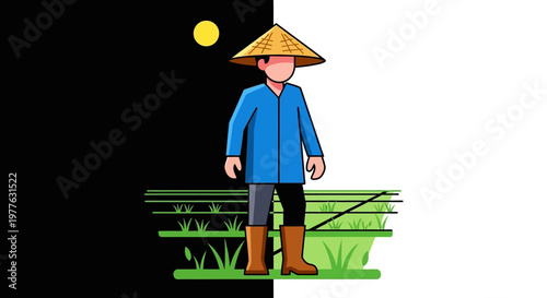 Man wearing traditional Asian conical hat.