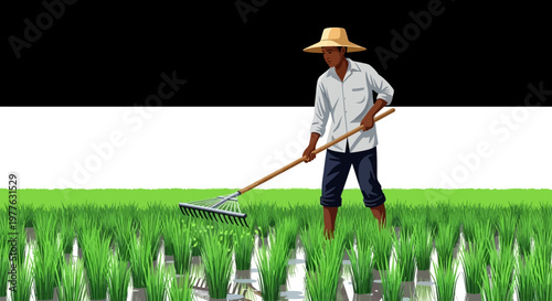 Man working in a rice field with a rake.