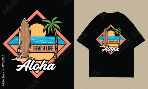 Retro Vintage Tropical beach sunset T-shirt design with palm trees and retro 