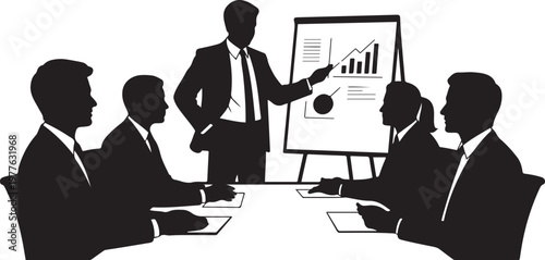 business people in a meeting, with one presenting at a flipchart to an attentive audience. Silhouette icon drawing vector