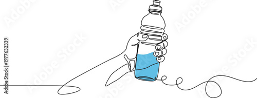 continuous line drawing of hand holding bottle of water, line art vector illustration