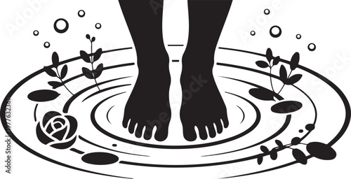 Feet soaking in a floral foot bath with water ripples and bubbles. Silhouette icon drawing vector