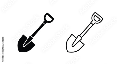 Two simple black and white illustrations of garden shovels a bold silhouette