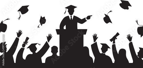 speaker at a podium addressing a dynamic crowd of people with raised hands and flying graduation caps. Silhouette icon drawing vector