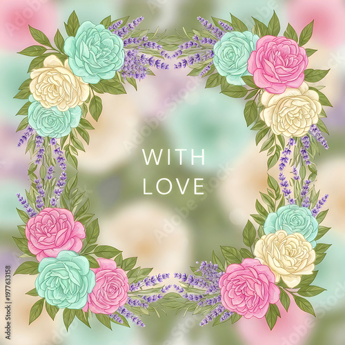 Floral frame with roses and lavender flowers on a blurred background
