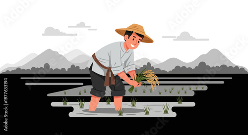 Man planting rice in a field.