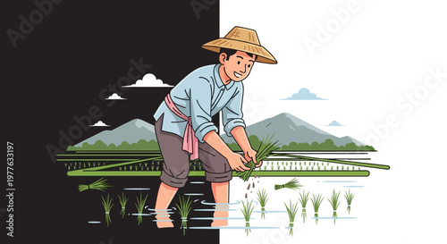 A farmer planting rice in a field.