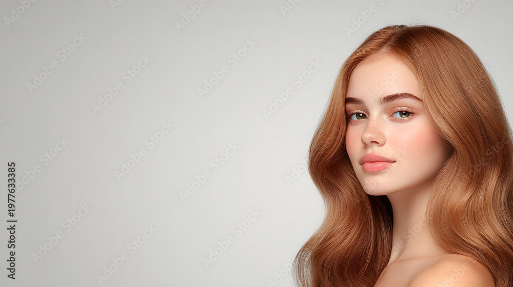 Naklejka premium Auburn hair beauty portrait, White woman model, Long soft waves hairstyle, Side view close up, Studio minimal background, Natural makeup look, Clean elegant cosmetic concept