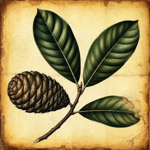 Vintage botanical illustration of Agathis tree branch with broad leaves and woody cone on aged parchment background.
