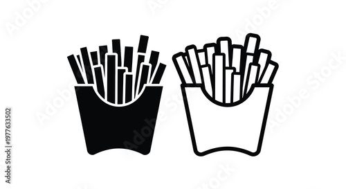 Two containers of french fries displayed with a striking black silhouette