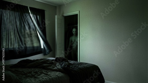 Creepy pale entity standing in dark closet doorway of shadowy bedroom. Supernatural monster lurking in corner of room at night. Terrifying psychological thriller scene, horror concept.