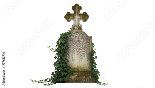 Obraz na plátne Weathered stone tombstone with cross and ivy, isolated on transparent background