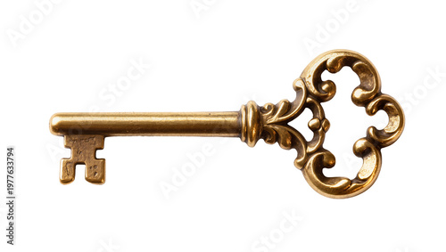 Ornate antique brass skeleton key with intricate scrollwork, isolated on transparent background