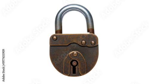 Antique rusty padlock with metal shackle, isolated on transparent background