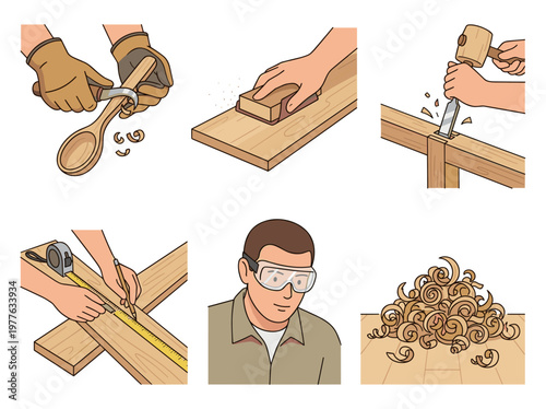 Woodworking illustrations set: carving spoon, sanding board, using chisel, measuring, safety goggles, and wood shavings