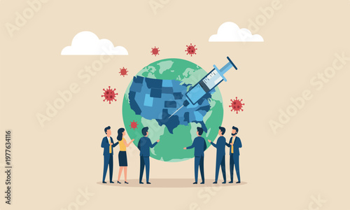 Coronavirus vaccin together green sickness planet earth with red Coronavirus COVID-19 pathogen around.