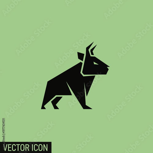 Geometric Black Bull Icon on Green Background.