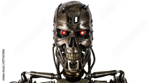 Scary metallic cyborg skull with glowing red eyes, isolated on transparent background