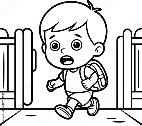 A boy rushing into school gate cartoon illustration late for class concept