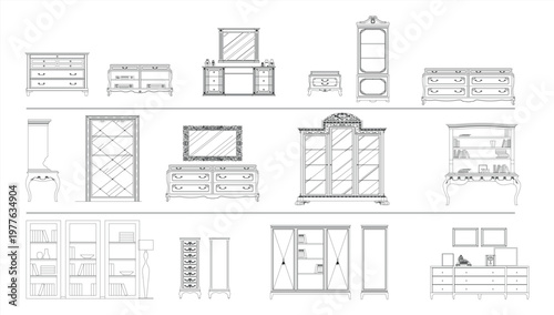 Book case and dressers furniture set for home storage and interior organization solution, modern cabinet and shelving unit collection for residential space. clean CAD-style vector illustration isolate