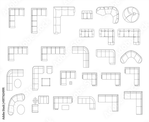 Corner sofa set, modern L-shaped sectional couch for living room seating arrangement, clean CAD-style vector illustration isolated on white background, EPS 10.