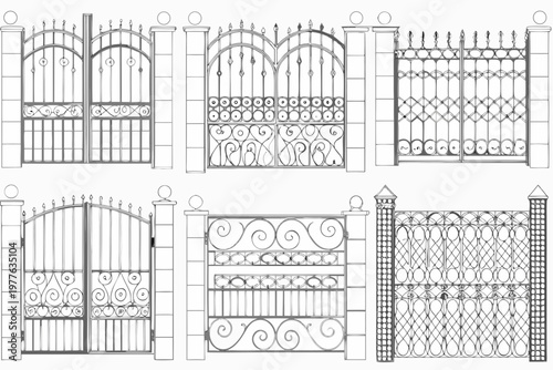 Detailed illustrations of ornate wrought iron gates with varying designs
