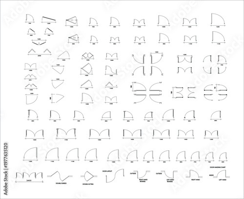 Interior doors plan set architectural drawing collection, detailed door elevation and floor plan symbols for residential building design clean CAD-style vector illustration isolated on white backgroun