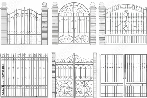 Detailed illustration of ornate wrought iron gates and fencing designs